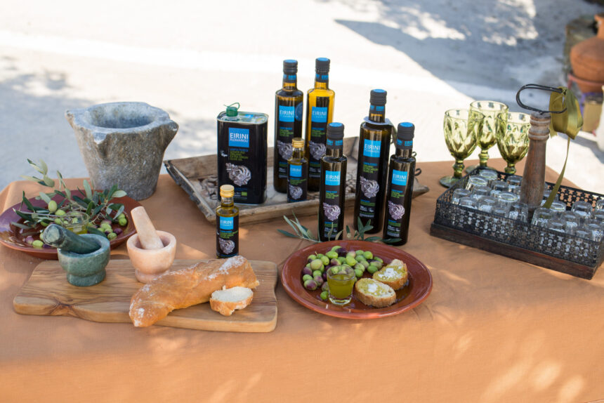 Table set for oil tasting containing all our products and neccessary utensils, bread and olives