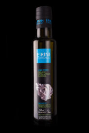 Photograph of the bottle of Eirini Plomariou unfiltered organic extra virgin olive oil 250ml
